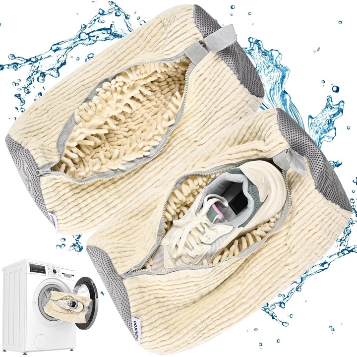 Чанта за обувки за перална машина, чанта за обувки за пране, Комплект от 2 перлено бели, чанта за пране на обувки с пухкави влакна отвътре, чанта за пране за големи обувки, бяла