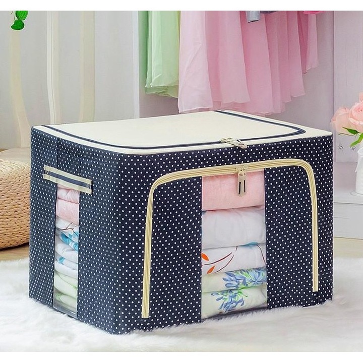 Cutie de Depozitare Pliabila, toolsy, 24 L, Panza Oxford, 40x30x20 cm, Fereastra Frontala, 2 Usi de Acces cu Fermoar Bidirectional, Cadru Metalic, Suport Baza Stabil din Plastic, Imprimeu buline, Albastru Marin