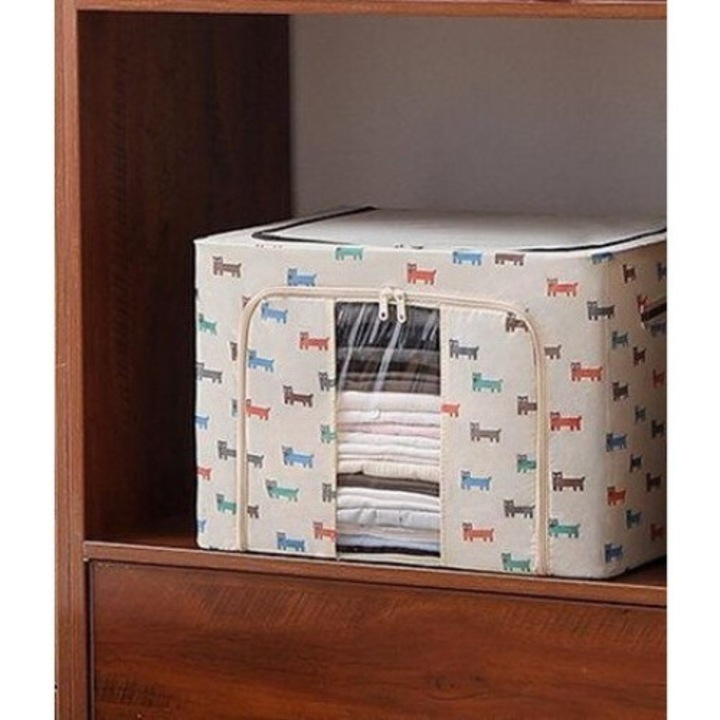 Cutie de Depozitare Pliabila, toolsy, 24 L, Panza Oxford, 40x30x20 cm, Fereastra Frontala, 2 Usi de Acces cu Fermoar Bidirectional, Cadru Metalic, Suport Baza Stabil din Plastic, Imprimeu Catelus, Bej