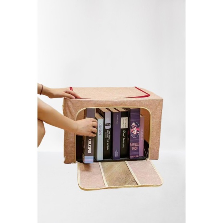 Cutie de Depozitare Pliabila, OEM, 24 L, din Bumbac si In, 40x30x20 cm, 2 Ferestre, Frontala si Laterala, 2 Usi de Acces cu Fermoar Bidirectional, Cadru Metalic, Suport Baza Stabil din Plastic, Bej