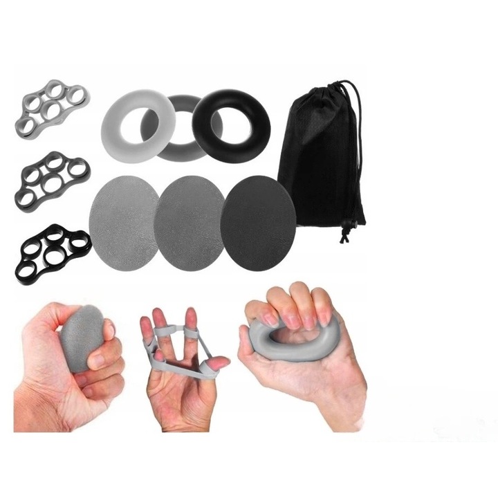 Set complet pentru exercitii recuperare incheietura mainii si degete, Kinetika®, Flexor degete, Bila cauciuc, Inele de silicon, Husa transport