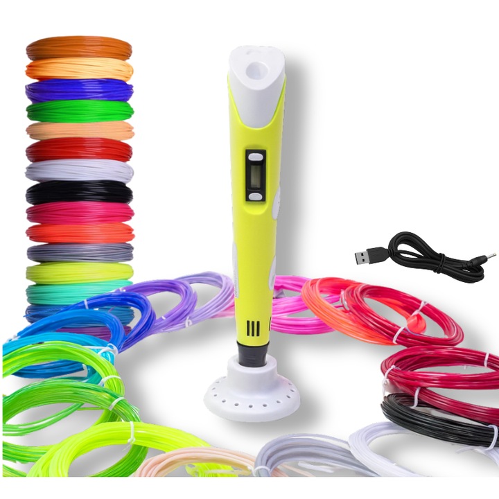 Комплект 3D писалка LEWER® с PLA нишка 1,75 мм, 20 цвята, 110 м, съвместима с PLA и ABS, 3D принтер, метален мотор, керамична дюза, жълто / бял цвят