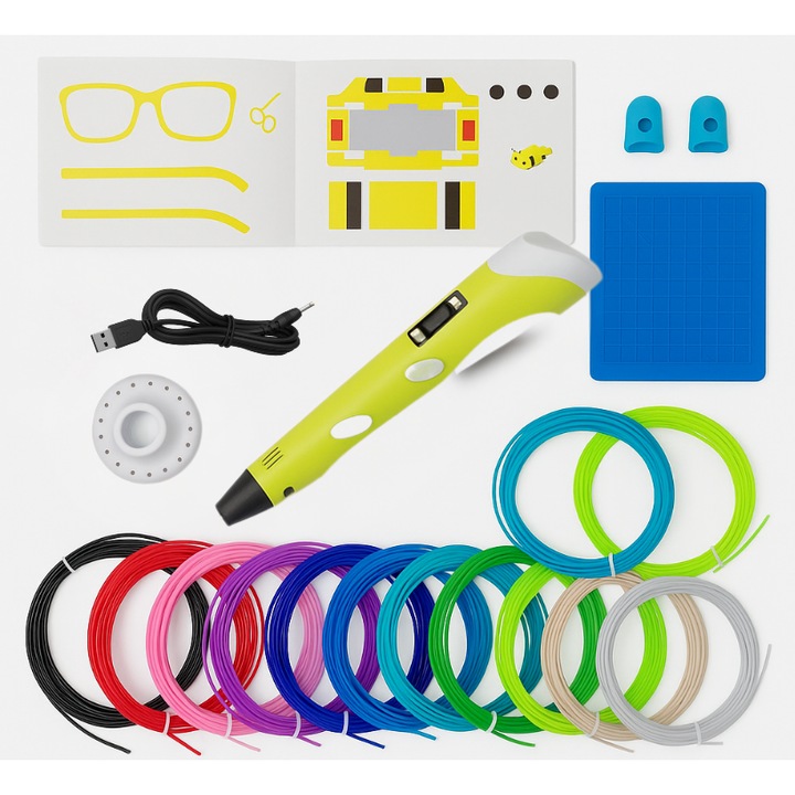 Set Mare De Creion 3d LEWER® Cu Filament PLA 1.75mm, 20 Culori, 110 M + Suport De Design Din Silicon + Carte De Sabloane + Degetare Din Silicon, Compatibil Cu PLA Si ABS, Imprimanta 3d, Motor Metalic, Duza Ceramica, Culoare Galben