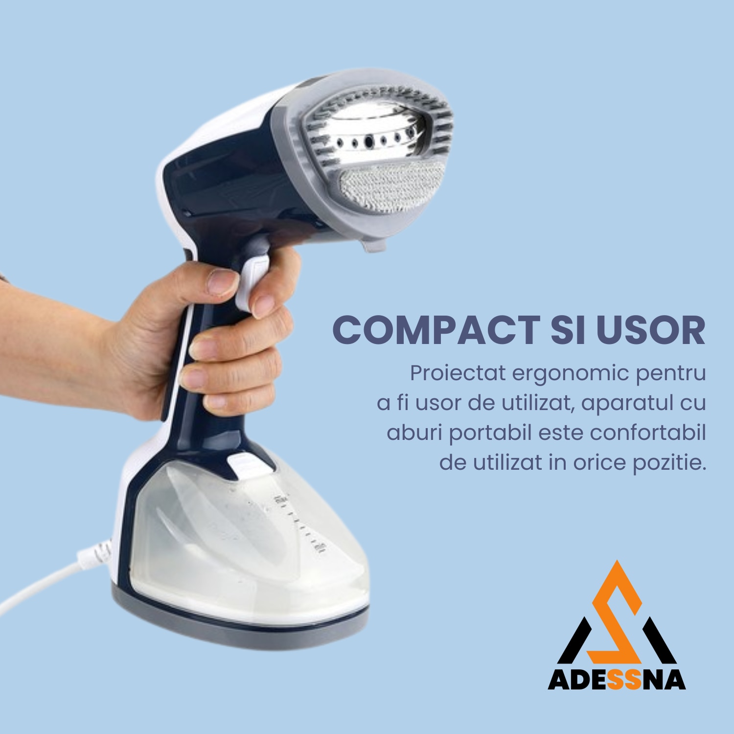Aparat de calcat vertical cu aburi ergonomic ADESSNA, 1200W, debit abur 20g/min, rezervor mare 350ml, incalzire rapida 25s, perie pentru tesaturi groase, abur continuu puternic, alb/albastru