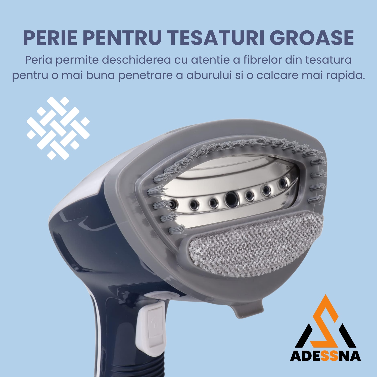Aparat de calcat vertical cu aburi ergonomic ADESSNA, 1200W, debit abur 20g/min, rezervor mare 350ml, incalzire rapida 25s, perie pentru tesaturi groase, abur continuu puternic, alb/albastru