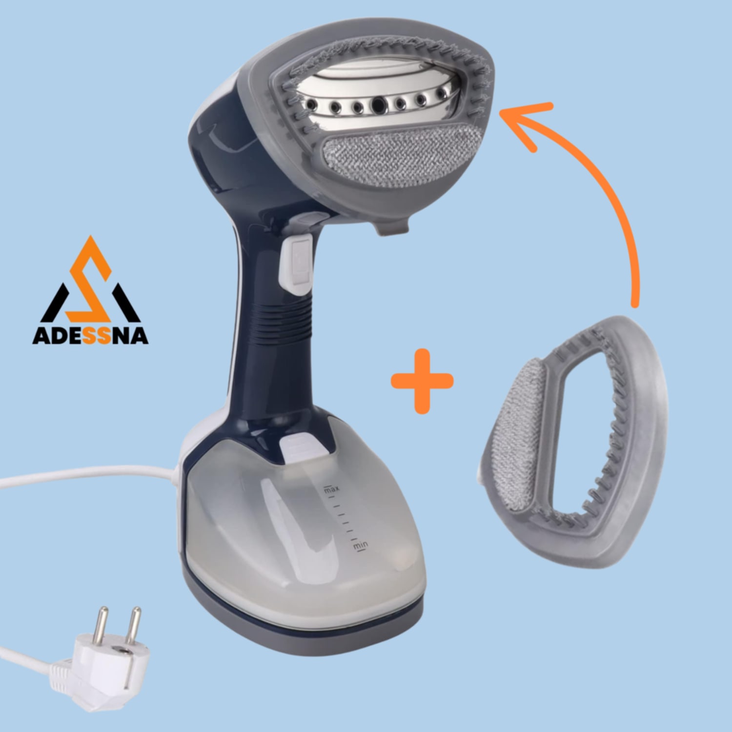 Aparat de calcat vertical cu aburi ergonomic ADESSNA, 1200W, debit abur 20g/min, rezervor mare 350ml, incalzire rapida 25s, perie pentru tesaturi groase, abur continuu puternic, alb/albastru