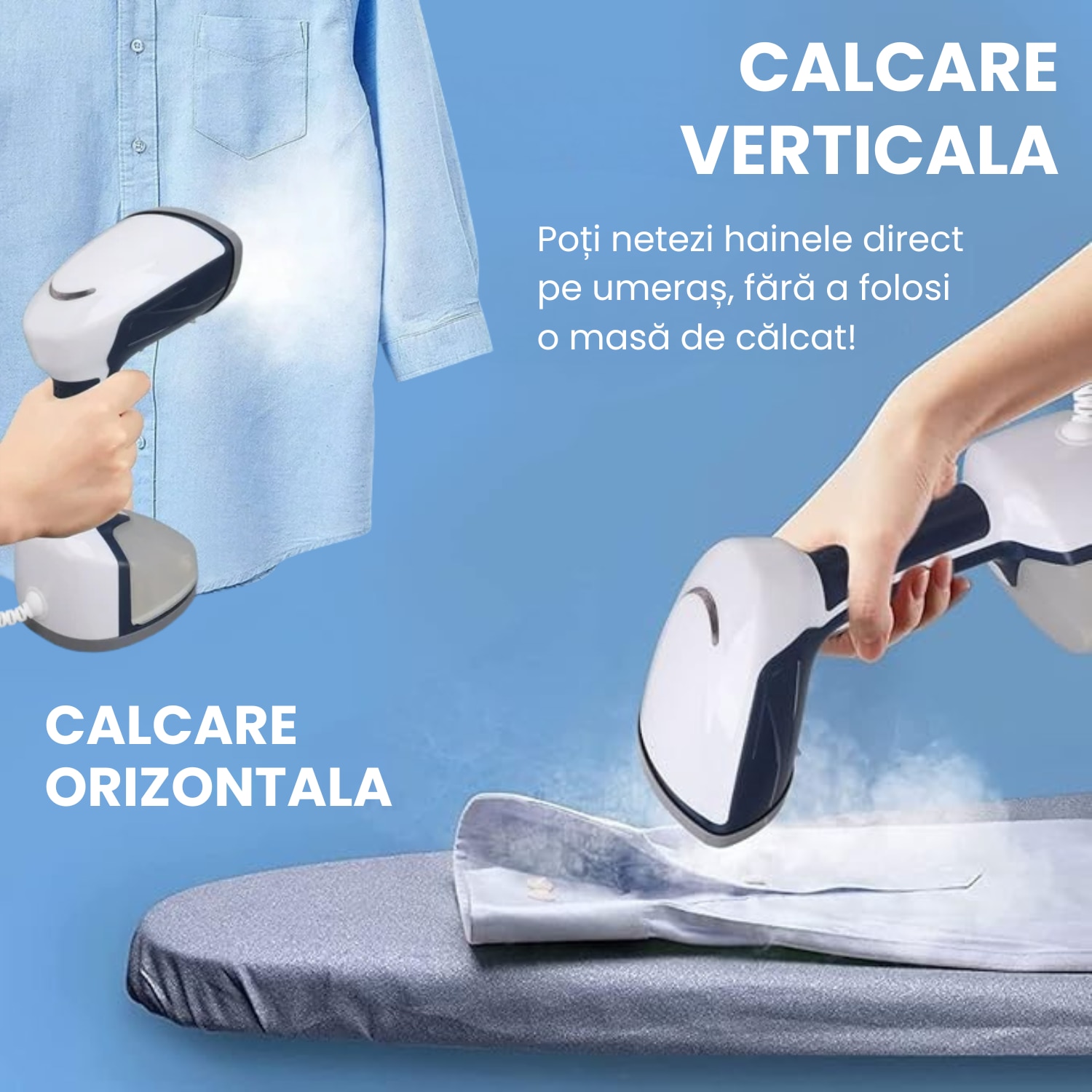 Aparat de calcat vertical cu aburi ergonomic ADESSNA, 1200W, debit abur 20g/min, rezervor mare 350ml, incalzire rapida 25s, perie pentru tesaturi groase, abur continuu puternic, alb/albastru