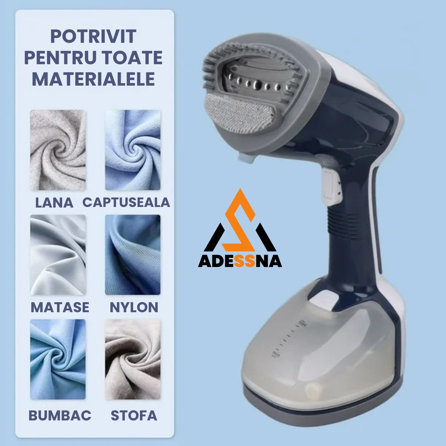 Aparat de calcat vertical cu aburi ergonomic ADESSNA, 1200W, debit abur 20g/min, rezervor mare 350ml, incalzire rapida 25s, perie pentru tesaturi groase, abur continuu puternic, alb/albastru