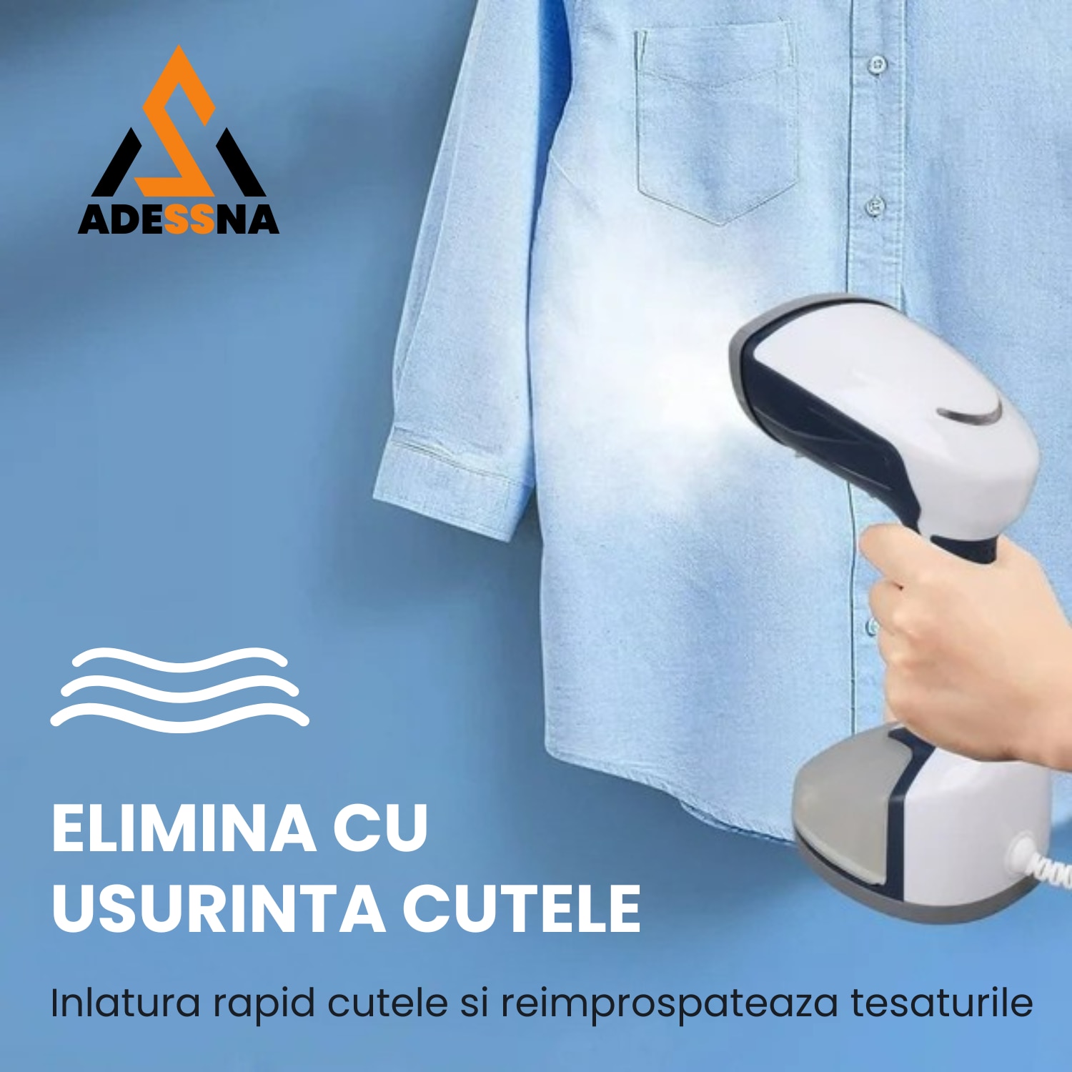 Aparat de calcat vertical cu aburi ergonomic ADESSNA, 1200W, debit abur 20g/min, rezervor mare 350ml, incalzire rapida 25s, perie pentru tesaturi groase, abur continuu puternic, alb/albastru