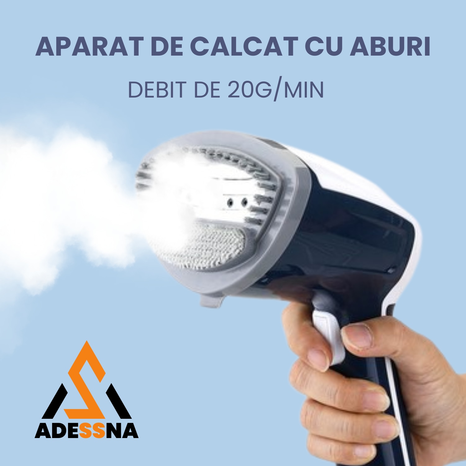 Aparat de calcat vertical cu aburi ergonomic ADESSNA, 1200W, debit abur 20g/min, rezervor mare 350ml, incalzire rapida 25s, perie pentru tesaturi groase, abur continuu puternic, alb/albastru