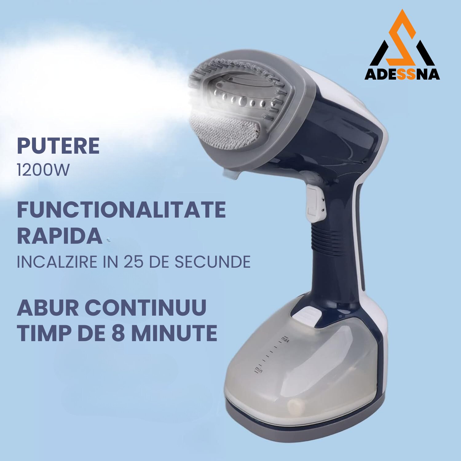 Aparat de calcat vertical cu aburi ergonomic ADESSNA, 1200W, debit abur 20g/min, rezervor mare 350ml, incalzire rapida 25s, perie pentru tesaturi groase, abur continuu puternic, alb/albastru