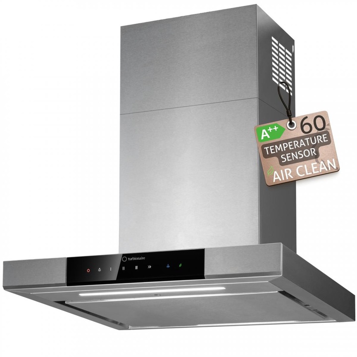 Hota de perete Turbionaire Elva 60 TEV60WS, Motor Brushless 800 mc/h, Clasa A++, Functionare automata, Senzor monitorizare temperatura, Functie curatare aer, LED-uri ajustabile, 3 viteze, Boost si Super boost, Aspiratie perimetrala, 60 cm, Inox