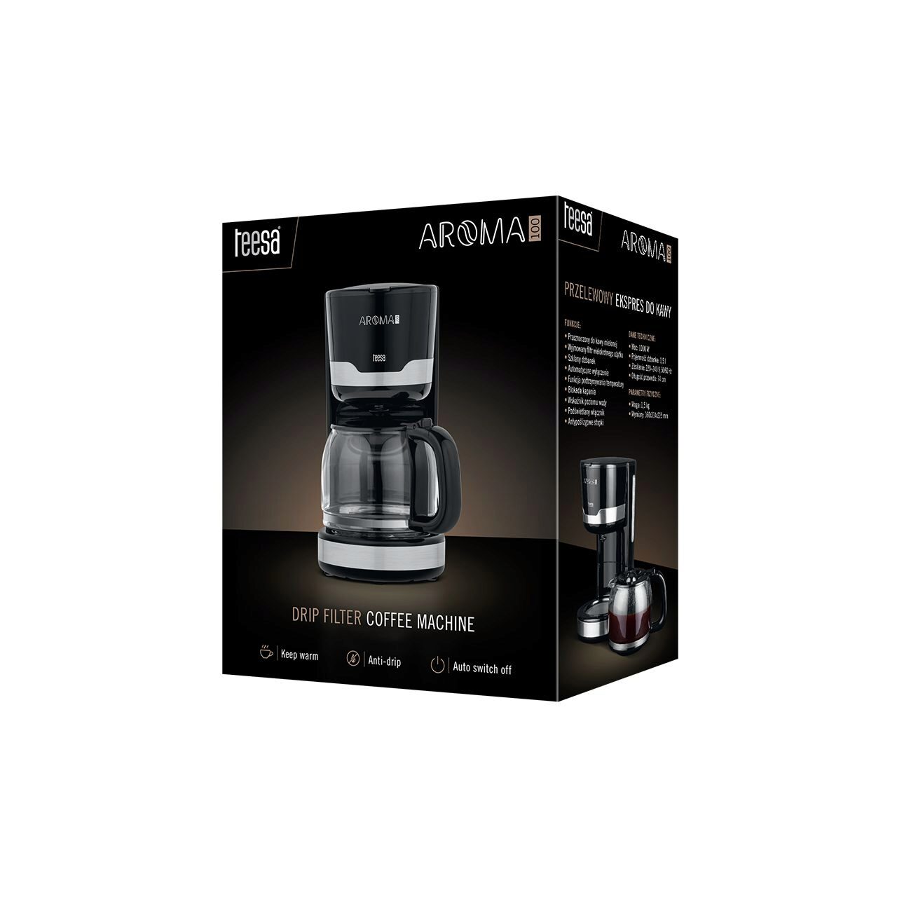 Cafetiera Teesa, bol sticla 1.5 l, 1000 W, Functie de mentinere a temperaturii