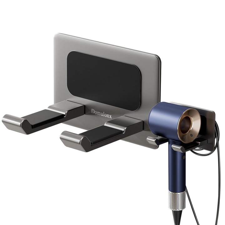 Suport pentru uscator de par, aluminiu, cu stocare cablu, montare pe perete, instalare fara gaurire, gri, 10x8x7cm