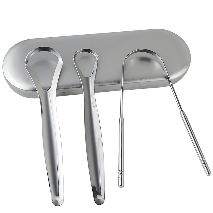 3OEM darabos rozsdamentes acél nyelvkaparó készlet, 3 stílus, tárolódobozzal, szájápolás, 14x7cm