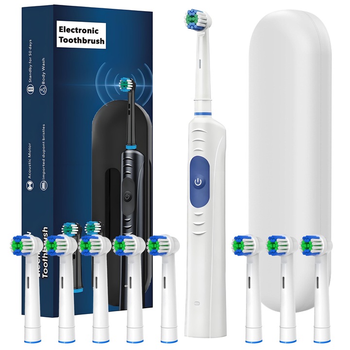 Комплект електрическа четки за зъби, 11 000 об/мин, водоустойчивост IP67, интелигентен таймер, 8 глави за четка, бял