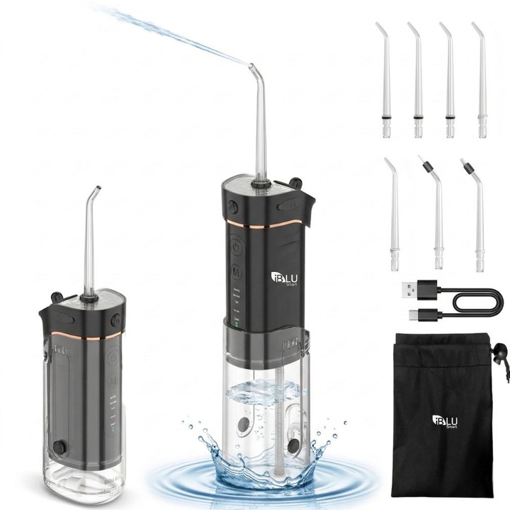 Mini Irigator Bucal Profesional Tip Dus Bucal iBLU Smart, Rezervor 180ml Retractabil, Detasabil, Gravity Ball, 5 Programe, 1400-1800 Pulsatii/min, 7 Duze cu Rotatie 360°, Igiena Dentara Completa Acasa si in Calatorii, IPX7, Baterie 1100 mAh, USB-C, Negru