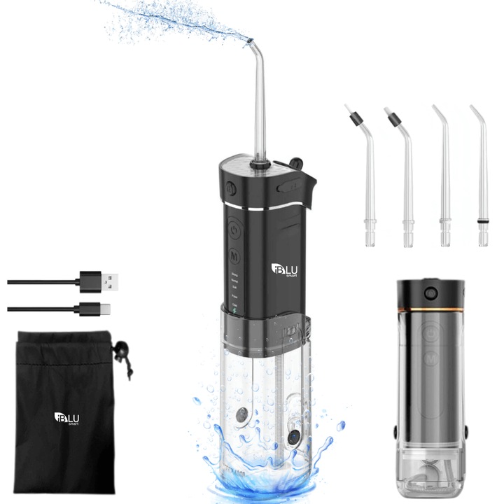 Professzionális szájöblítő behúzható tartállyal iBLU Smart, vékony, 5 tisztítási mód, 1400-1800 impulzus/perc, 4 fej 360°-os forgatással, 180 ml-es kivehető tartály, gravitációs golyó, IPX7 vízálló, 1100 mAh-s akkumulátor, fekete