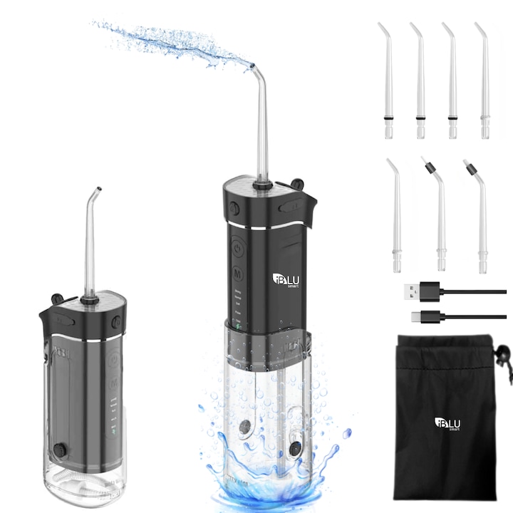 Мини професионален орален иригатор тип орален душ iBLU Smart, прибиращ се резервоар 180 мл, сваляем, Gravity Ball, 5 програми, 1400–1800 пулсации/мин, 7 дюзи с 360° ротация, пълна дентална хигиена у дома и при пътуване, IPX7, батерия 1100mAh, USB-C, черен