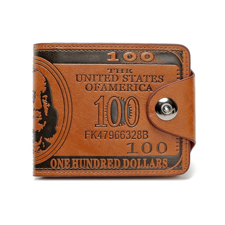 Portofel barbati, piele ecologica, 12 compartimente, design 100 dolari SUA, buzunar SIM card, maro