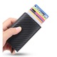 RFID сигурен портфейл за карти, PortCard с бързо изскачащ слайд, еко кожа, Ultra Slim, унисекс, отделение за банкноти, въглеродно черно