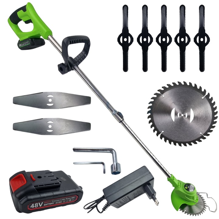 Електрическа косачка за храсти LIDER® 48V с батерия, 18000 об/мин, регулируемо рамо, 2 остриета, режещ диск, 4-5 часа работа, зелена