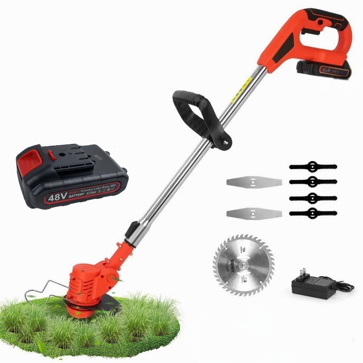 Електрическа косачка за храсти LIDER® 48V с батерия, 18000 об/мин, регулируемо рамо, 2 остриета, режещ диск, 4-5 часа работа, червена