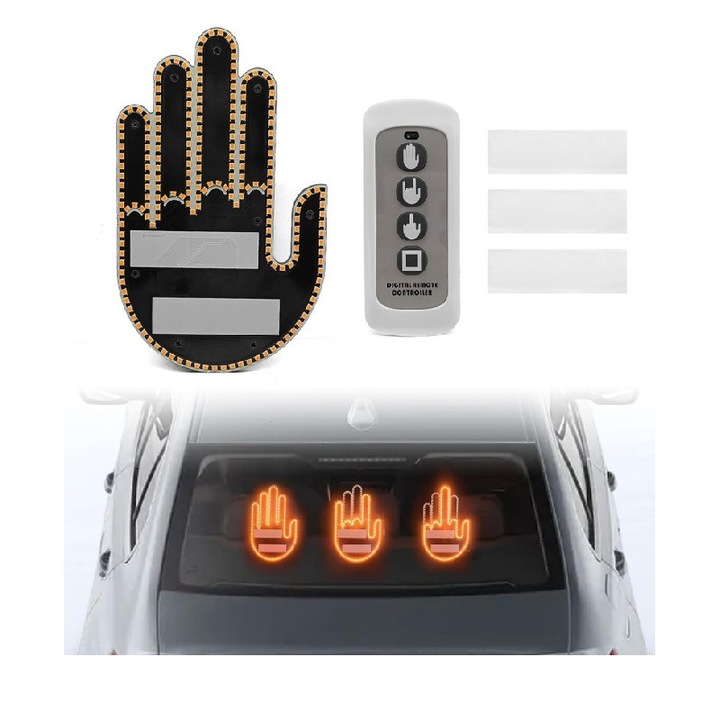 Lampa auto cu control gestual, include telecomanda，Forma Mana, 4 Moduri Salut, AjieQaQ， Cool si Deget Mijlociu, Pentru luneta cu Efect Vizual Luminos / Stralucitor, Dimensiume 15 cm, Negru