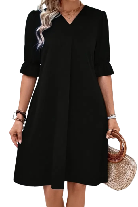 Рокля с 3/4 ръкав и надут подгъв, Черен