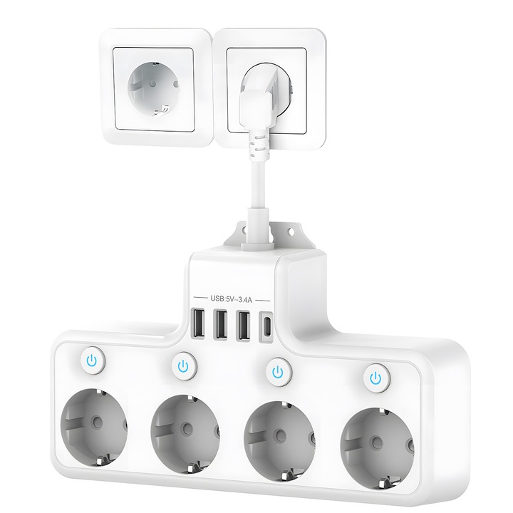 Удължителен кабел KUTUMAI с 4 гнезда, 2 USB A (QC18W), 1 USB-C (PD 20W), с независими превключватели, кабел 0.1 м