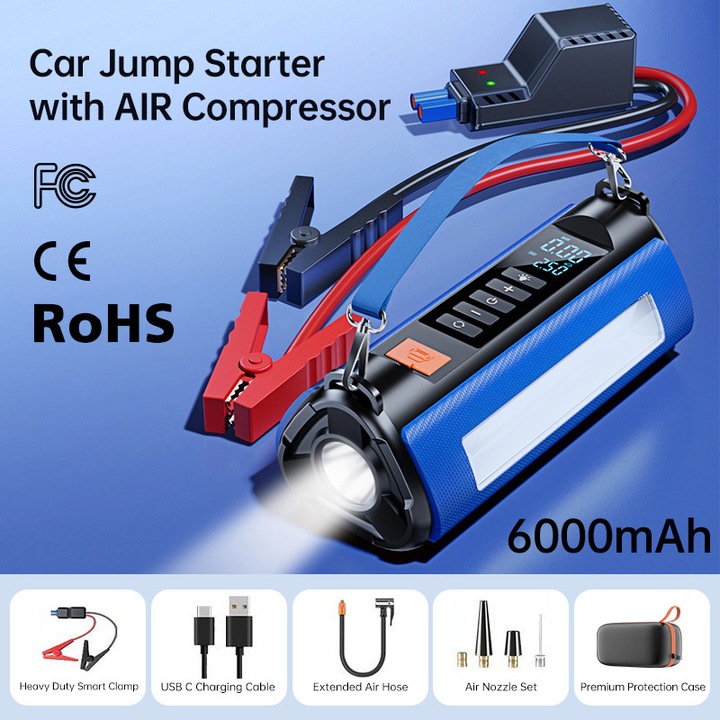 Преносим стартер за кола с 4 в 1 компресор, Fudisenn®, 1000A, 150PSI, 6000mah, 14.8V, за 10L бензинов или 8L дизелов двигател, Включени са външна батерия, фенерче, LED екран, смарт клещи и калъф за носене, син, 220×95×86mm