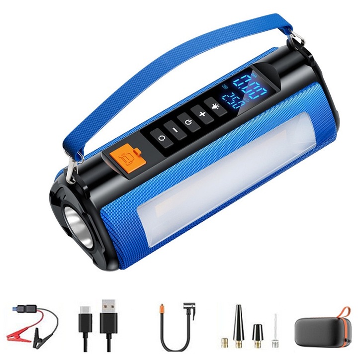 Starter auto portabil cu compresor 4 in 1, Fudisenn®, 1000A, 150PSI, 6000mah,14.8V, pentru motor 10L benzina sau 8L diesel, Power Bank, Lanterna, Ecran LED, clesti inteligenti si husa transport incluse, albastru,220×95×86mm