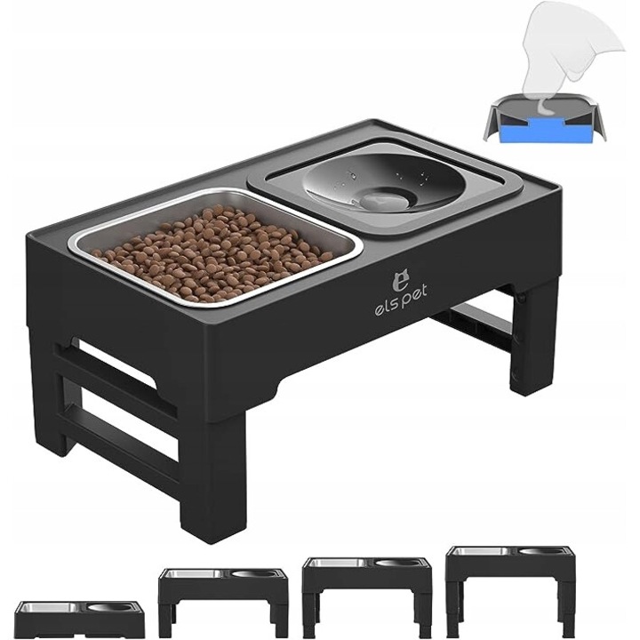 Bol pentru caini si pisici, Els pet, reglabila, metalica, 2 in 1, 1400ml si 1600ml, 44x25,5cm