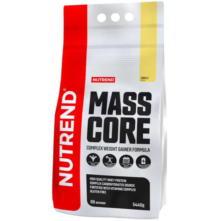 Supliment alimentar masa musculara cu 4 surse de carbohidrati, proteina din zer si vitamine, Mass Core, Nutrend 5440g, aroma vanilie