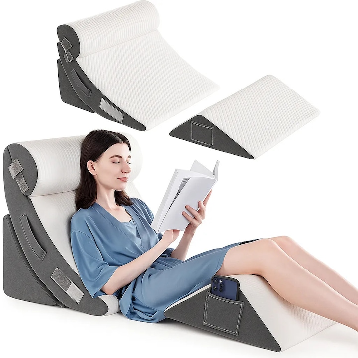 Set 4 Perne Ortopedice Reglabile tip Pat Ortopedic Linomag®, pentru Somn, Citit, Privit la TV, Recuperare Post-Operatorie si Suport pentru Spate, Gat si Picioare, Husa Detasabila si Lavabila, Alb/Gri Inchis