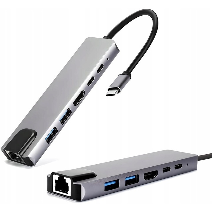HUB USB-C 6 in 1, 2xUSB 3.0, HDMI, RJ45 LAN, pentru MacBook M1, 110x60x14mm
