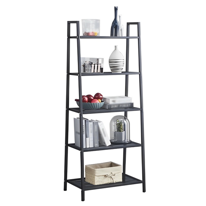 Метална етажерка с 5 рафта, за хол, спалня, офис Herum, Черна, 61 х 37 х 150 см