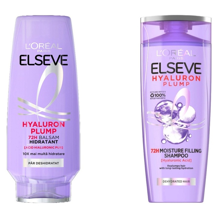Комплект 2 x Loreal Elseve Variety, 1 x 200 ml балсам Hyaluron Plump, 1 x 400 ml шампоан Hyaluron Plump, дерматологично тестван, дълготрайна свежест, нежен към скалпа, нетоксичен, екологичен, блестящ външен вид, предотвратява дразнене на кожата