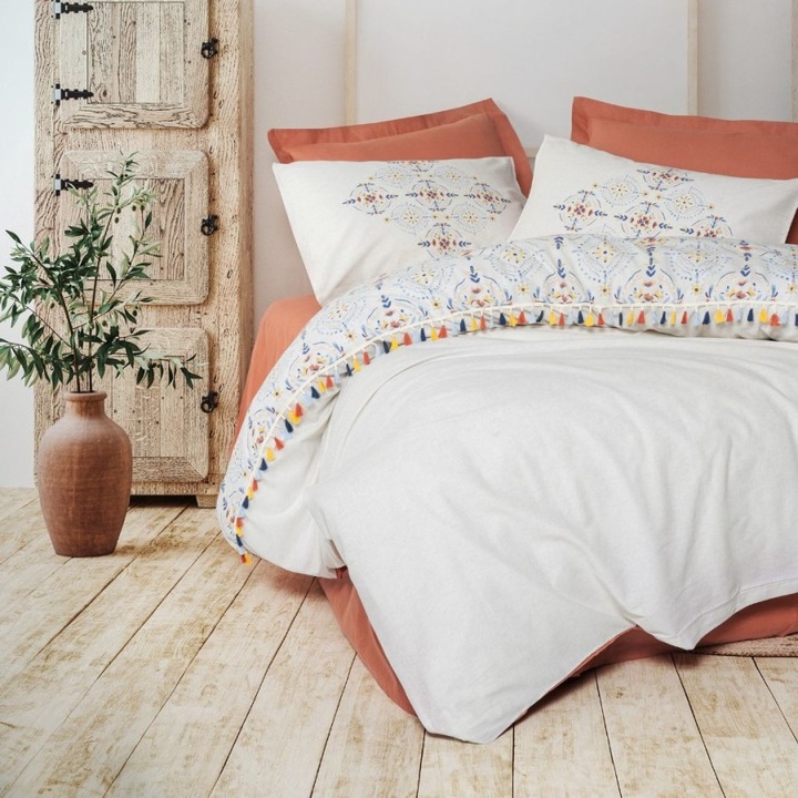 Lenjerie pat dublu cu ciucuri, bumbac 100% ranforce, 240 x 260 cm, 4 piese, Cotton Box, Milis Tile Red