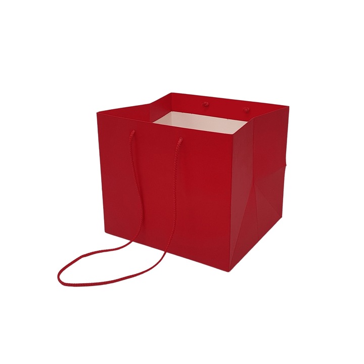 Set 10 Pungi Hartie Rosie pentru flori cu manere din snur textil, 23 x 20 x 20cm