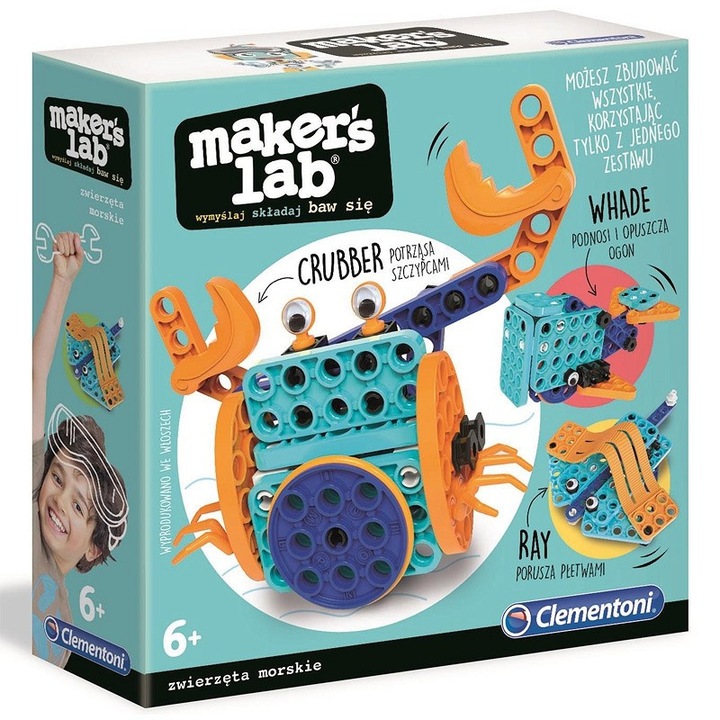 Set jucarii interactive Clementoni, Makers Lab, animale marine, crab, balena, 130 elemente