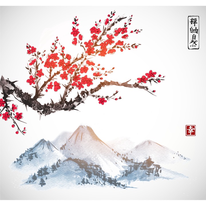 Vászon nappali festmény, Táj Japánban, hegyek, napkelte, japán művészet, természet 60 x 60 cm