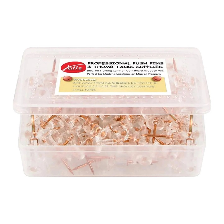 Комплект от 100 цветни игли за фиксиране, 10,5x7,5x2 см, прозрачна глава, стоманен връх от розово злато