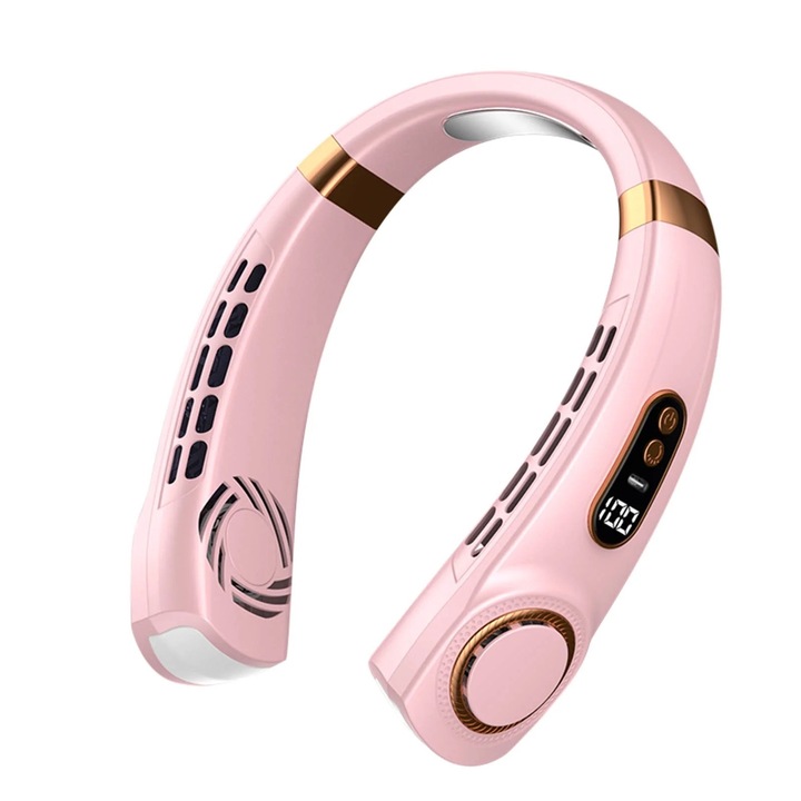 Вентилатор за врат, Преносим, 5 скорости, цветни LED светлини, USB, за дома и офиса, розов