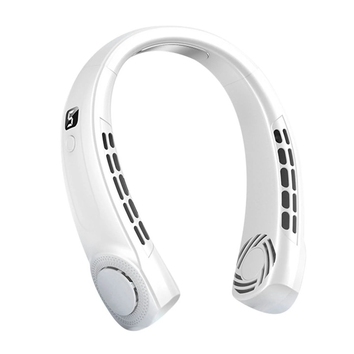 Вентилатор за врат, 5 скорости, преносим, цветни LED светлини, USB, бял