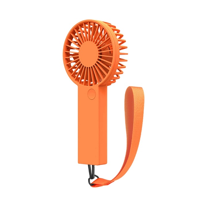 Мини преносим вентилатор, USB зареждане, с ръчен кабел, пластмаса, оранжев