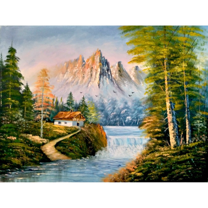 Картина на платно Ideal Cabin 29, 60x45 см, природа, пейзаж, стил на рисуване, многоцветен