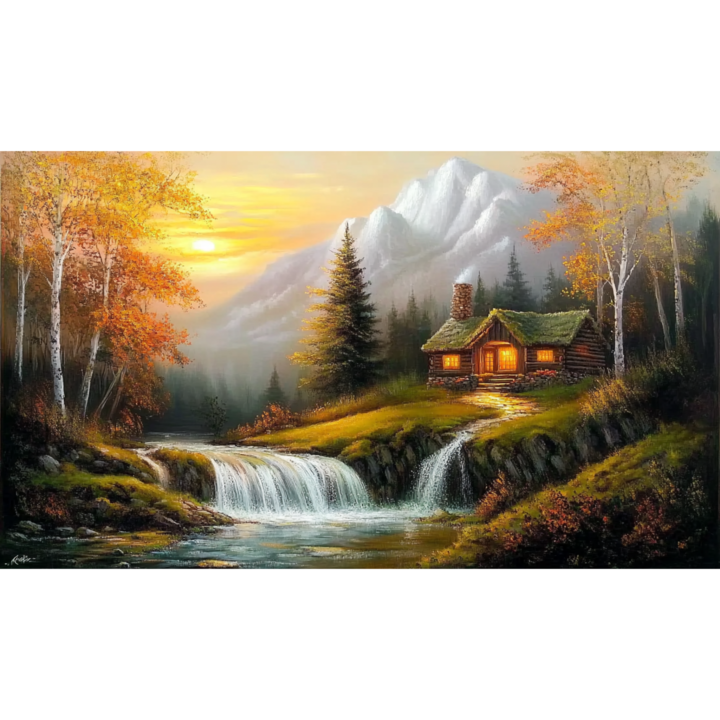 Картина на платно Ideal Cabin 33, 70 x 40 cm, природа, пейзаж, стил на рисуване, многоцветен
