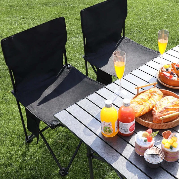 Сгъваем къмпинг стол с платнена възглавница, бежов, рамка от неръждаема стомана, компактен дизайн, комплект с чанта за съхранение