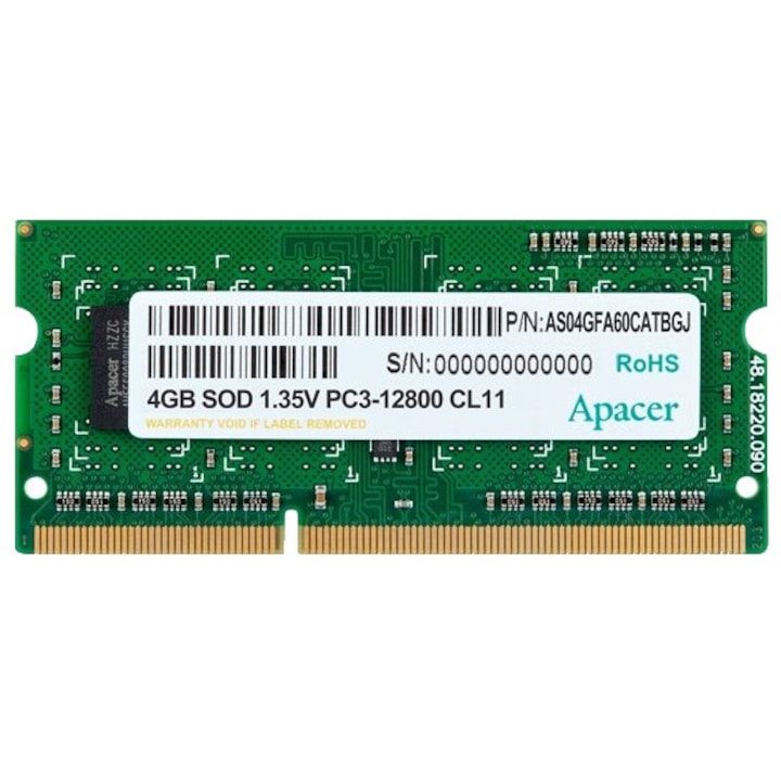 Apacer 4 GB notebook memória - DDRAM3 SODIMM 512x 8, alacsony feszültség 1,35 V PC12800 @ 1600 MHz AS04GFA60CATBGJ